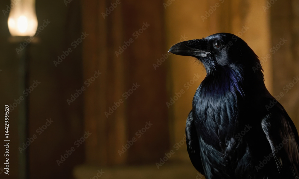 A black bird perches on the edge of a wooden table, looking around