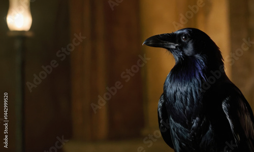 Obraz na płótnie A black bird perches on the edge of a wooden table, looking around w salonie