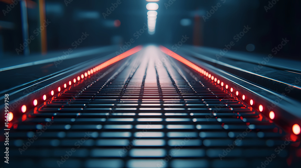 Fototapeta premium A futuristic conveyor belt with glowing red LED lights in a dark, industrial setting.