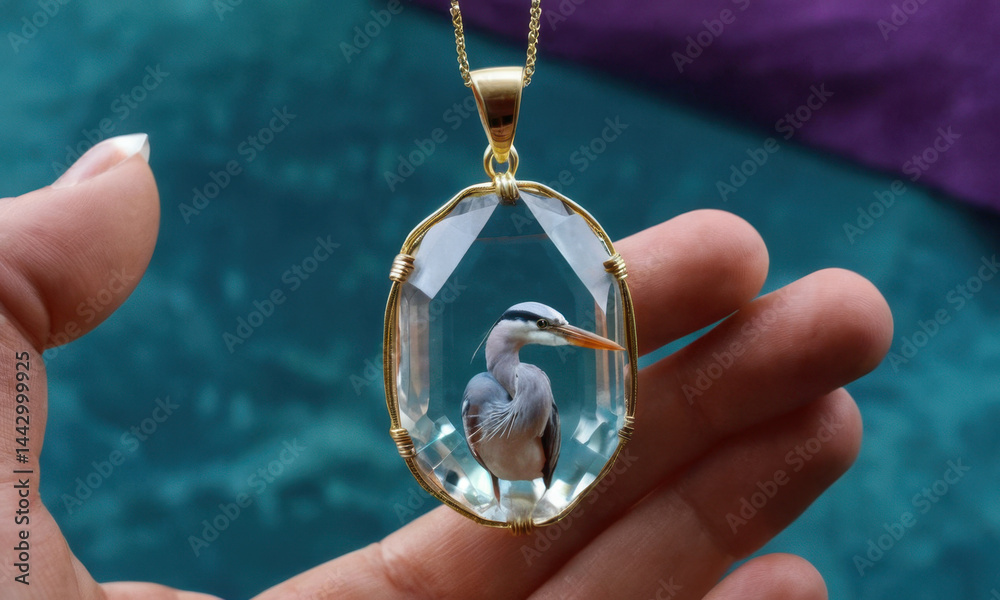 A person holds a bird in a delicate glass pendant, a unique and eye-catching accessory