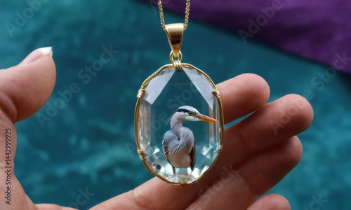 Obraz na płótnie A person holds a bird in a delicate glass pendant, a unique and eye-catching accessory w salonie