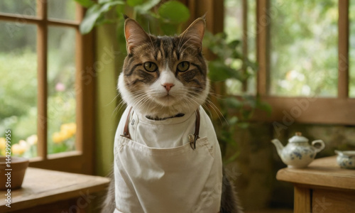 Obraz na płótnie A cat sits in front of a window, wearing a white apron w salonie