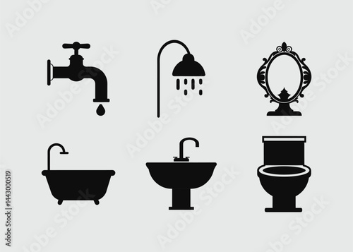 Simple Black  Bathroom Fixtures Silhouette Icons Set