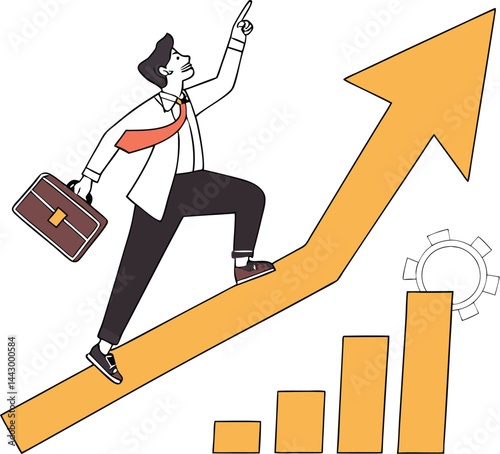 A 3D businessman runs up a red arrow on a growth graph, symbolizing a race to business success