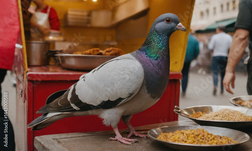 A pigeon perched on a table beside a bowl of its favorite snacks