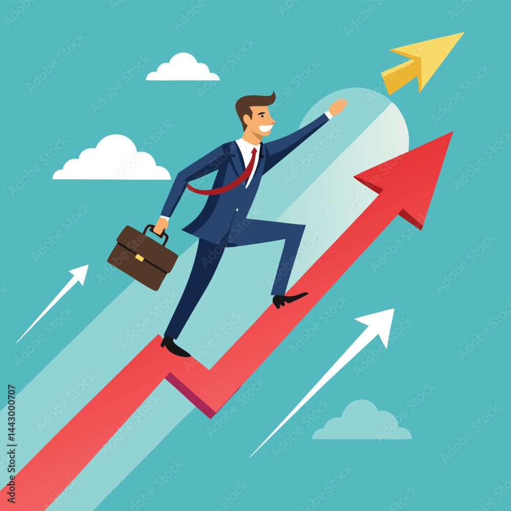 A 3d businessman figurine in a suit runs on a graph arrow, symbolizing the concept of business success and corporate direction
