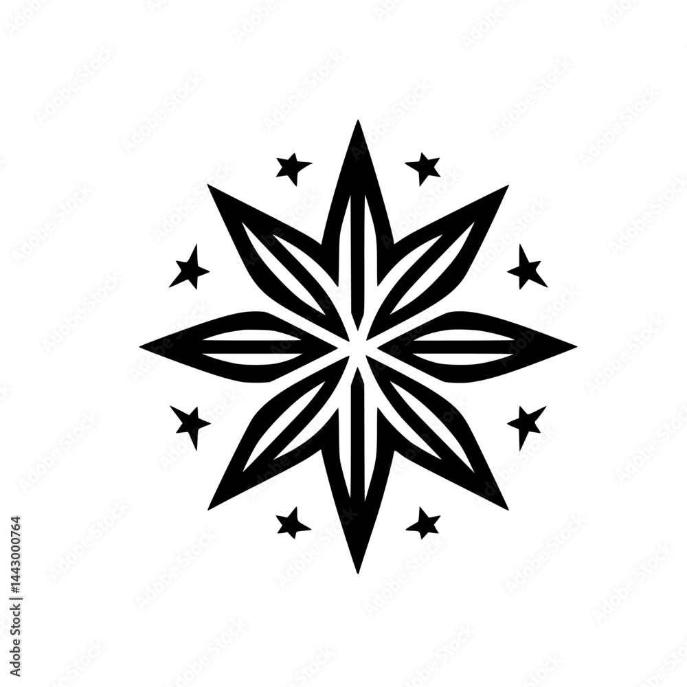 Fototapeta premium Abstract Geometric Star Symbol with Satellite Stars - Minimalist Black and White Vector Graphic