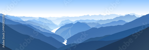 Beautiful blue vector landscape with a curvy valley in Himalaya mountains.
