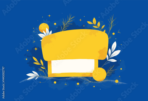 Yellow text box with floral accents on blue