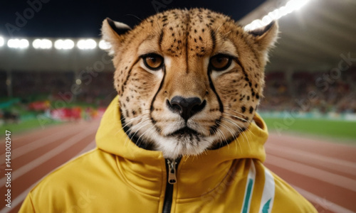 A cheetah wearing a yellow jacket is seen running on a track, likely for a race or training