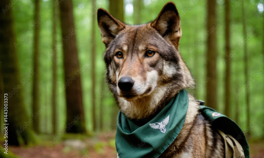 Fototapeta premium A dog wears a green bandana while walking in the woods, suitable for outdoor or nature-themed projects