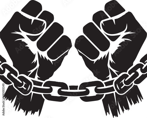 Silhouette Clenched Fists With Broken Chains Symbolizing Freedom And Breaking Free