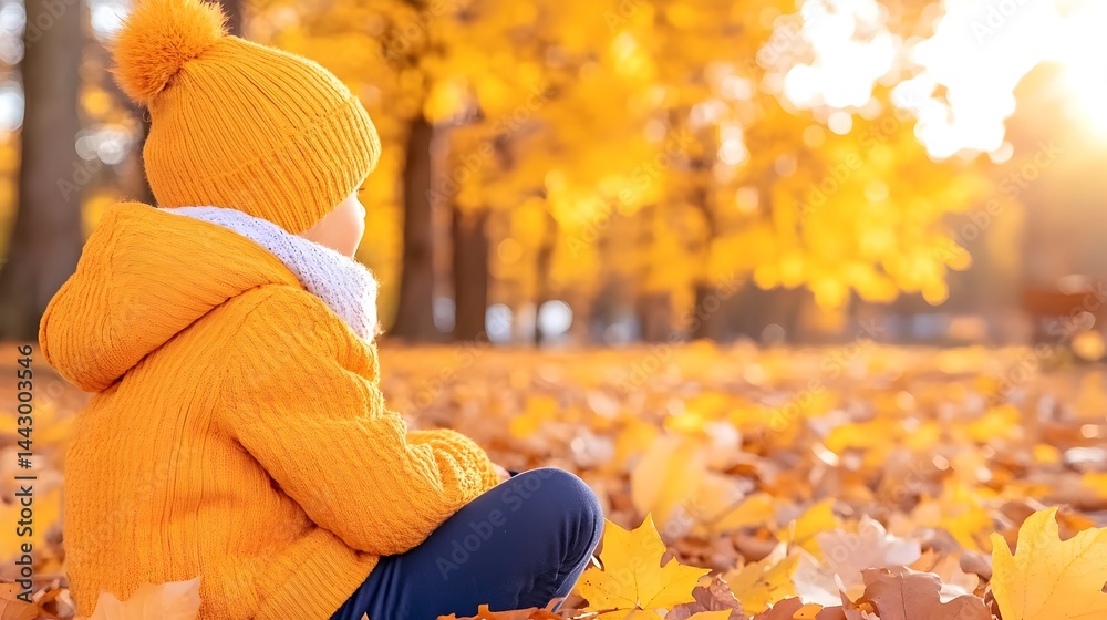 Toddler in orange knitwear sits amidst golden autumn leaves, gazing at a sunlit park