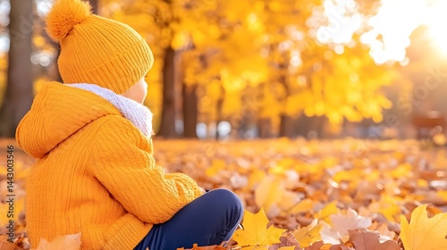Obraz na płótnie Toddler in orange knitwear sits amidst golden autumn leaves, gazing at a sunlit park w salonie