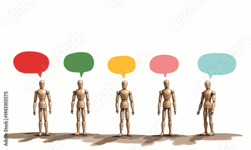 Wooden Mannequins with Colorful Speech Bubbles Representing Diverse Thoughts
