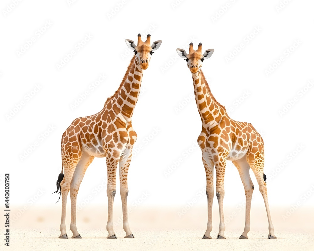 Two reticulated giraffes stand facing forward on a light tan background