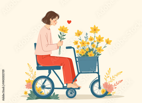 Woman with Flowers on Adaptive Tricycle Illustration