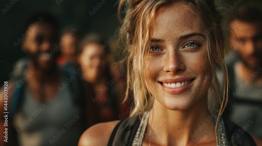 Fototapeta premium A woman with a smile on her face is surrounded by a group of people