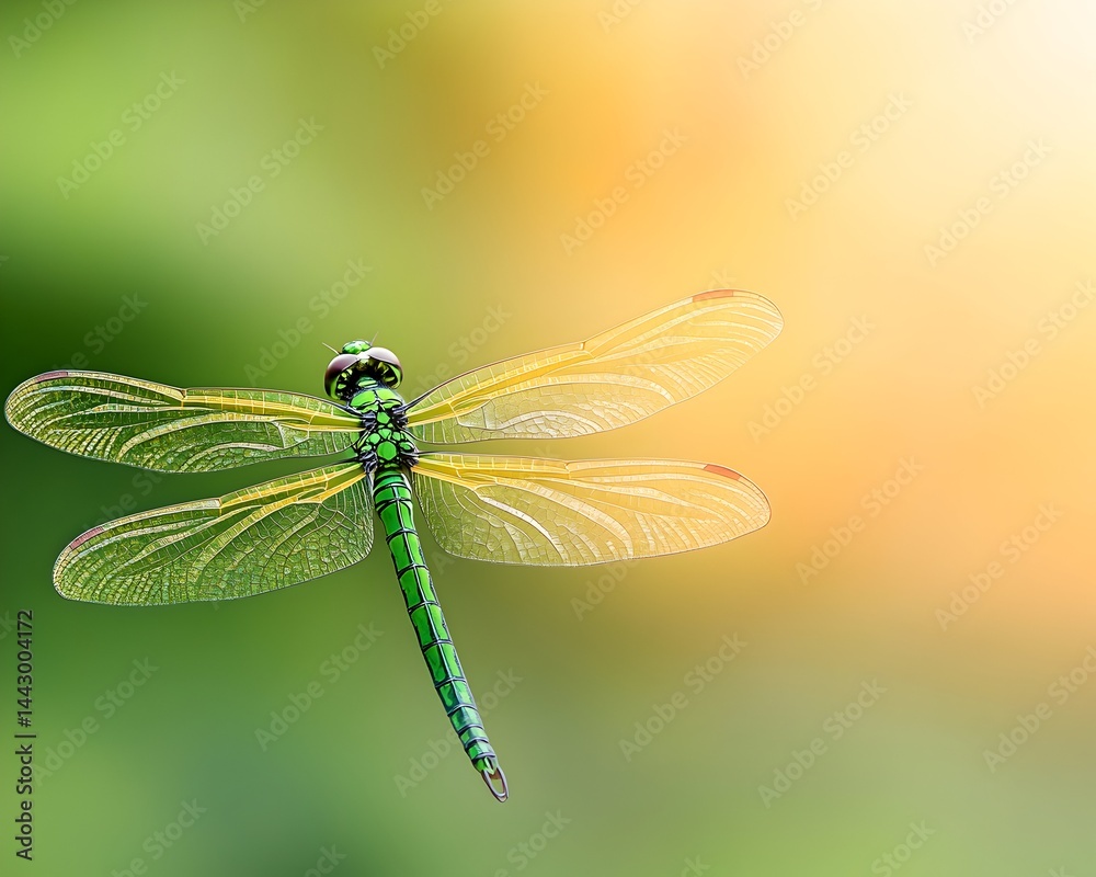 Vibrant green dragonfly in flight against a blurred yellow-green background