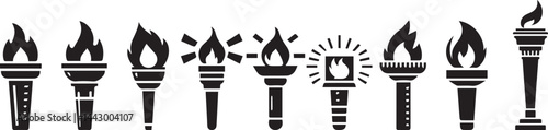Torch icon. Black torch icons in flat design silhouette vector set