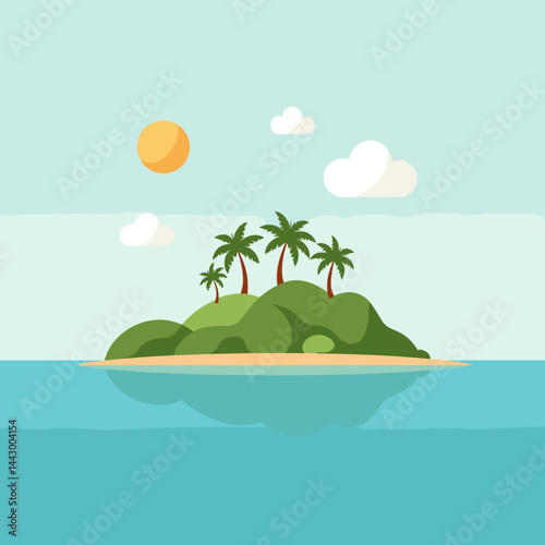 tropical island, serene landscape, flat design, colorful illustration, paradise scenery, copy space