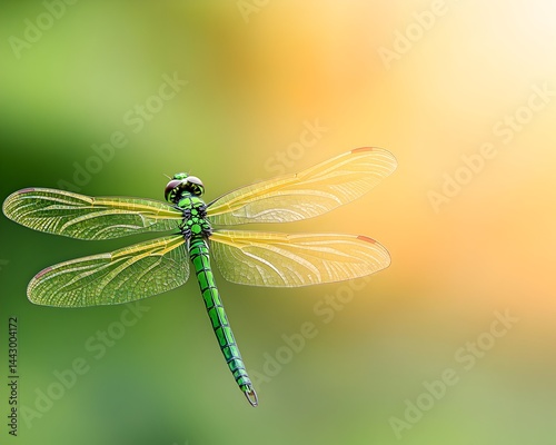 Obraz na płótnie Vibrant green dragonfly in flight against a blurred yellow-green background w salonie