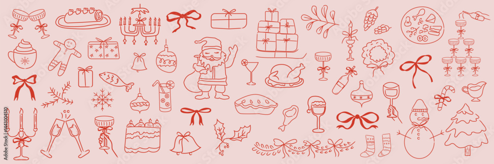 Hand drawn Christmas doodles collection with holiday food, gifts, decorations, and santa for greeting cards, invitations, party decor designs,
wrapping paper and packaging designs. Hand drawn Christmas doodles collection with holiday food, gifts, decorations, and santa for greeting cards, invitations, party decor designs,
wrapping paper and packaging designs.