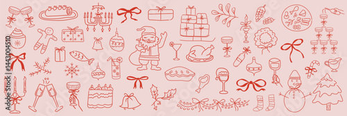 Hand drawn Christmas doodles collection with holiday food, gifts, decorations, and santa for greeting cards, invitations, party decor designs, 
wrapping paper and packaging designs.