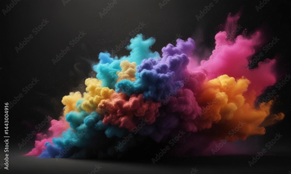 Fototapeta premium Multicolored powder cloud, dramatic black backdrop, energetic celebration , festivity, chroma, texture