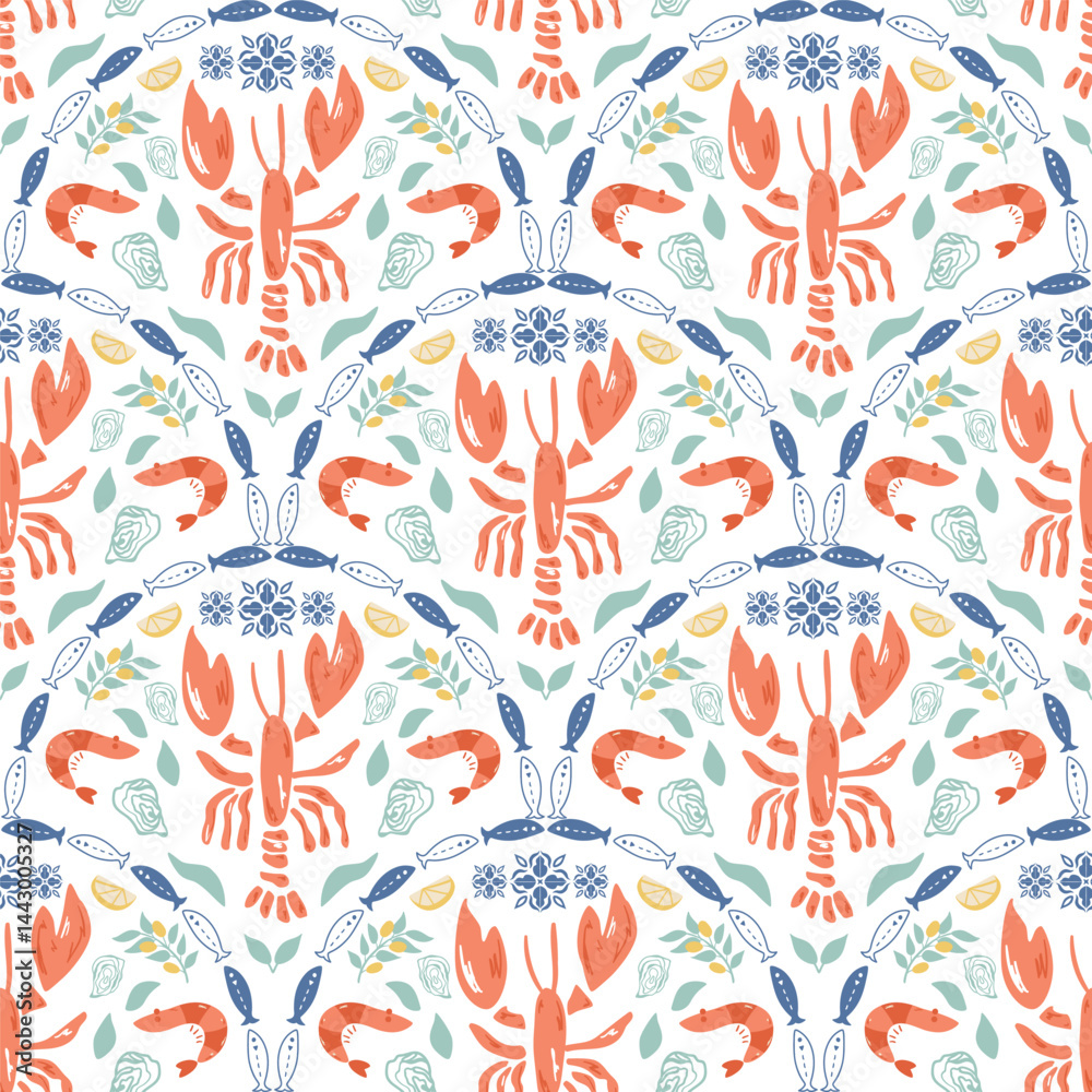 Tropical lobster pattern, summer Italy vacation mood. Cute coastal damask ornament, summer beach arched print, hand drawn seafood, sardines, shrimps, seaweeds. Vector textile design wallpaper