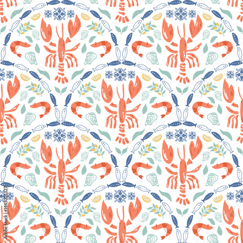 Obraz na płótnie Tropical lobster pattern, summer Italy vacation mood. Cute coastal damask ornament, summer beach arched print, hand drawn seafood, sardines, shrimps, seaweeds. Vector textile design wallpaper w salonie