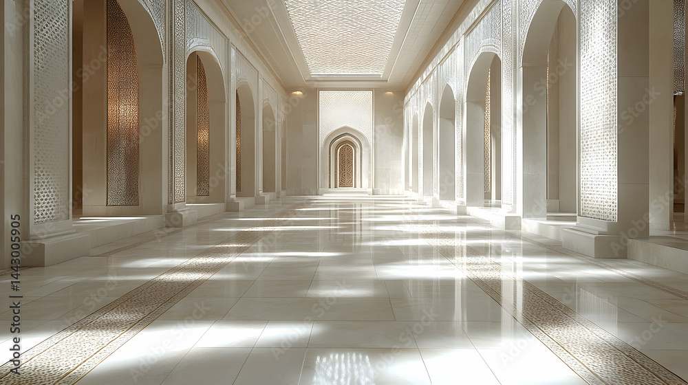 Fototapeta premium An ornate hallway with repeating arches and columns Light streams in from above reflecting on a marble floor