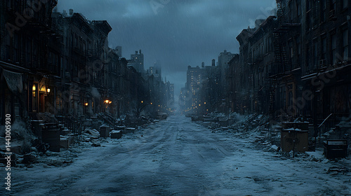 A snowy city street at night is bordered by old buildings It is dark and raining in the distance