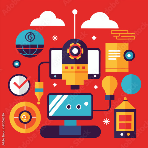 Flat design vector illustration showcasing a social network concept with connected media icons for web business and digital marketing