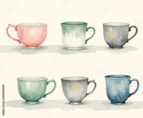 Watercolor mugs with floral designs, pink, green, and blue hues