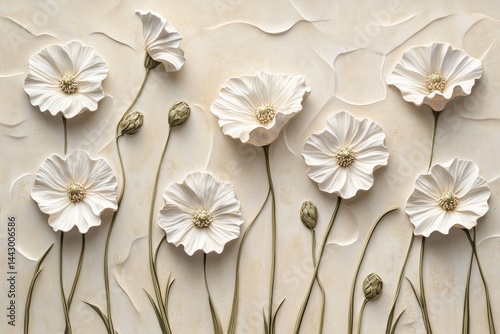 Elegant, three-dimensional white flowers on a textured backdrop.