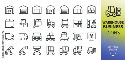 Warehouse line icons set. Set of warehouse building, forklift, stock picker, boom lift, telehandler, pallet, warehouse trolley cart, storage shelves vector icon with editable stroke