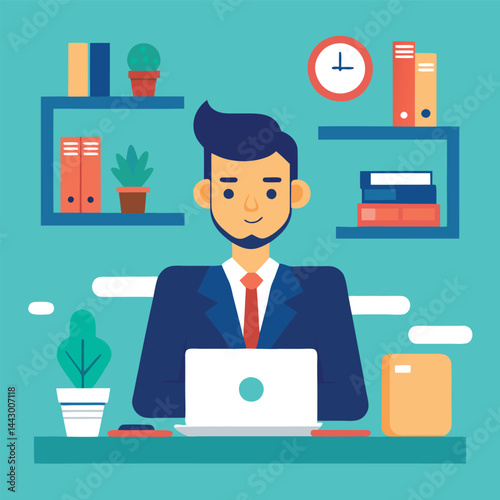 Vector illustration of a business man with laptop