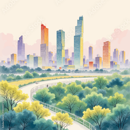 Watercolor Cityscape with Park and Elevated Path