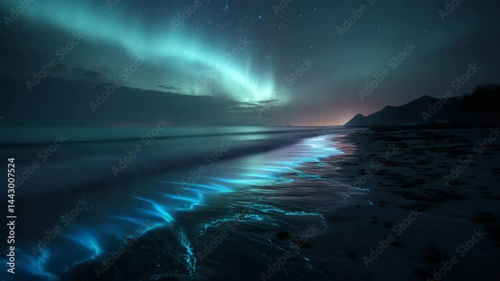 Glowing blue bioluminescence illuminates a dark beach shoreline at night, under a vibrant aurora borealis and starry sky. Long exposure captures the ethereal glow and tranquil waves. Glowing blue bioluminescence illuminates a dark beach shoreline at night, under a vibrant aurora borealis and starry sky. Long exposure captures the ethereal glow and tranquil waves.