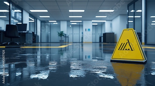 Office flooded, hazard warning sign on wet floor