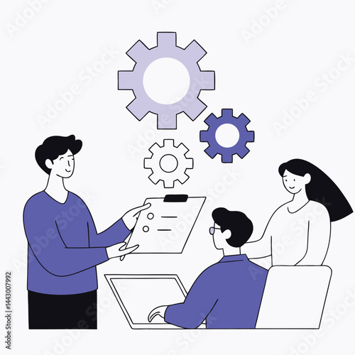 Cartoon business people and a businessman in an office work together with computer gears, illustrating teamwork and communication concepts