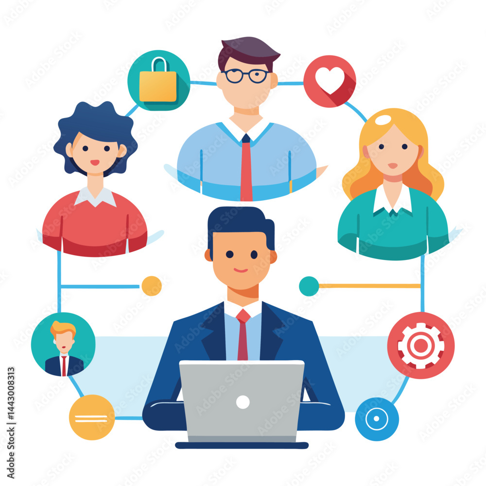 Fototapeta premium A vector set features cartoon business people icons and social network symbols for team communication and user avatars in an office work design