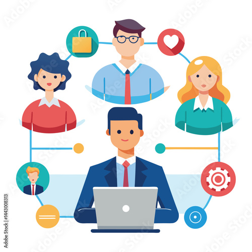 A vector set features cartoon business people icons and social network symbols for team communication and user avatars in an office work design