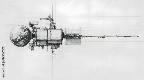Detailed monochrome sketch of a space station with a planet and complex architectural elements