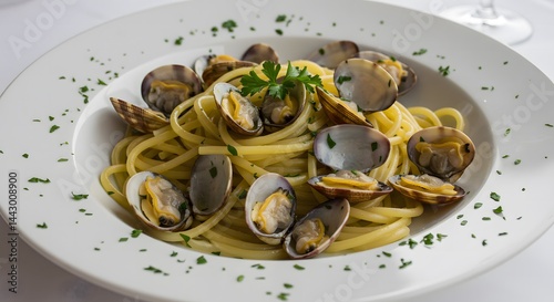 A close-up shot of a plate of Linguine alle Vongole, showing the pasta mixed with clams in their shells, garlic, white wine sauce, and parsley.