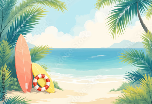 Tropical Beach Scene with Surfboards and Life Preserver