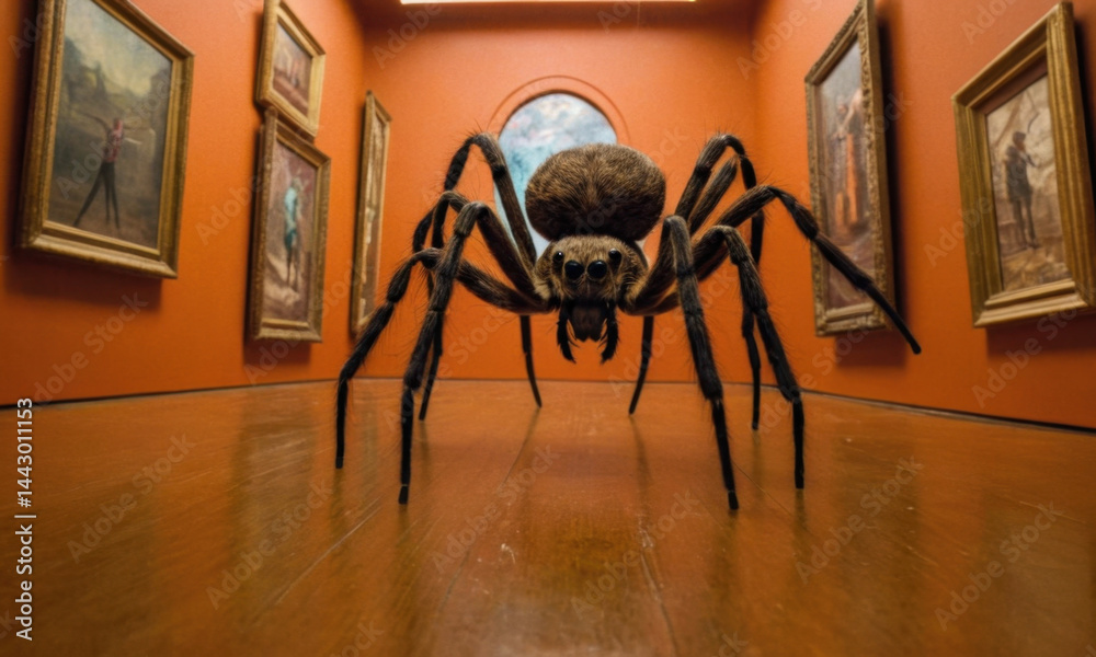 A large spider sits on top of a wooden floor, waiting for prey