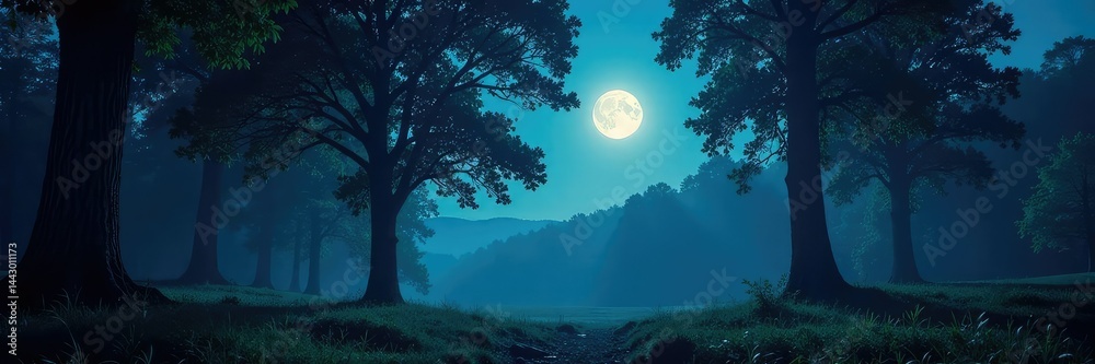 Fototapeta premium Whispering trees sway gently in moonlit forest, woods, night, atmosphere