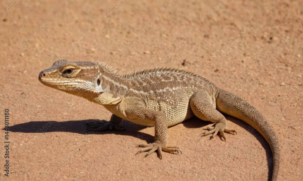 A reptile sits on the soil, its body blending with the surroundings